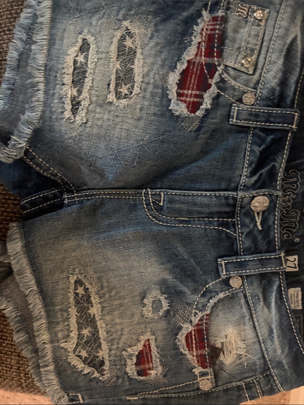 Miss Me Blue Distressed Denim Shorts with Red Plaid Inset